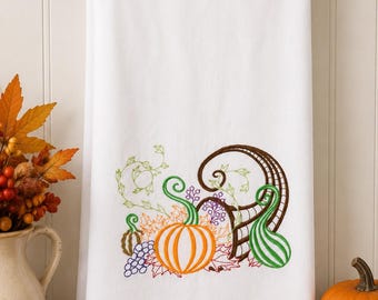 Embroidered Cornucopia Thanksgiving Towel: Autumn Pumpkin Decor