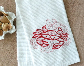 Crab Hand Towel, Textured Hand Towel, Embroidered Towel, Beach Decor, Coastal Decor, Tropical Decor, Nautical Decor, Ocean Decor, Sea Life