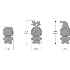 May include: Three grey cookie cutters in the shape of a person wearing a winter coat. The cookie cutters are 7 cm tall, 9.4 cm tall, and 9.3 cm tall. Each cookie cutter is 4.1 cm wide.