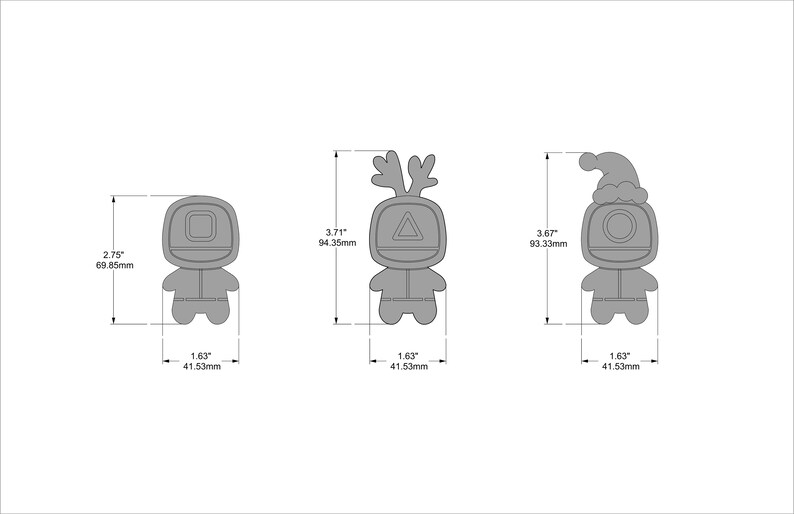 May include: Three grey cookie cutters in the shape of a person wearing a winter coat. The cookie cutters are 7 cm tall, 9.4 cm tall, and 9.3 cm tall. Each cookie cutter is 4.1 cm wide.