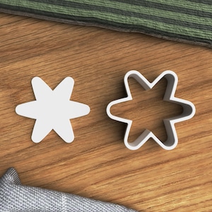 May include: Two white plastic cookie cutters shaped like a six-pointed star. The cutters are on a wooden surface.