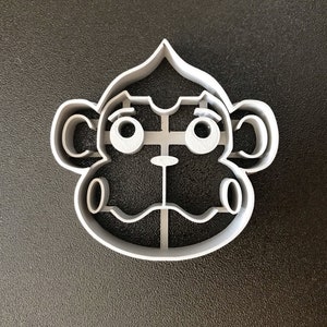 Puede incluir: Un cortador de galletas de pl&aacute;stico gris en forma de cara de mono. El mono tiene ojos grandes, una nariz peque&ntilde;a y una boca ancha.