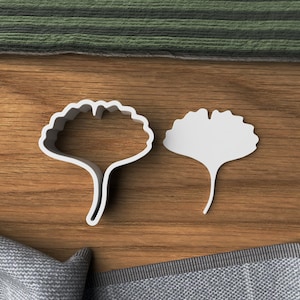 May include: Two white plastic cookie cutters shaped like ginkgo leaves. The cutters are on a wooden surface.