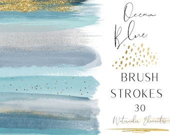 Ocean Blue Watercolor Brush Strokes - Watercolor Clipart - Paint Stroke Elements