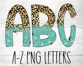 A-Z Leopard and Turquoise Doodle Letters - PNG Doodle Alphabet - Sublimation Letters