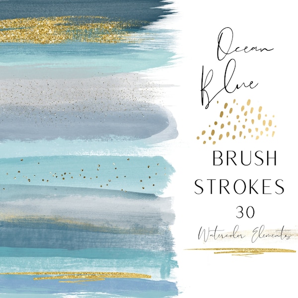 Ocean Blue Watercolor Brush Strokes - Watercolor Clipart - Paint Stroke Elements