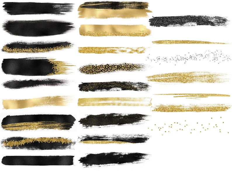 Puede incluir: Un conjunto de 18 trazos de pincel digitales en negro y dorado. Los pinceles son de varios tama&ntilde;os y formas, y algunos tienen un efecto de brillo.