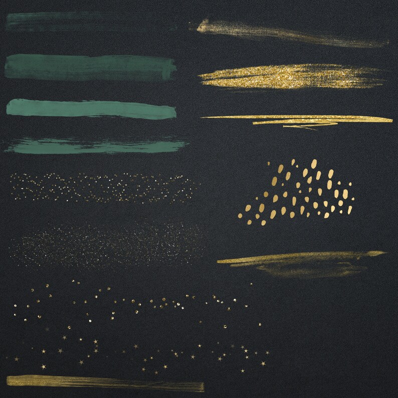 Puede incluir: Una ilustraci&oacute;n digital de varios trazos de pincel dorados y verdes, purpurina y puntos sobre un fondo negro. Los elementos de dise&ntilde;o son perfectos para agregar un toque de brillo y elegancia a los proyectos digitales.
