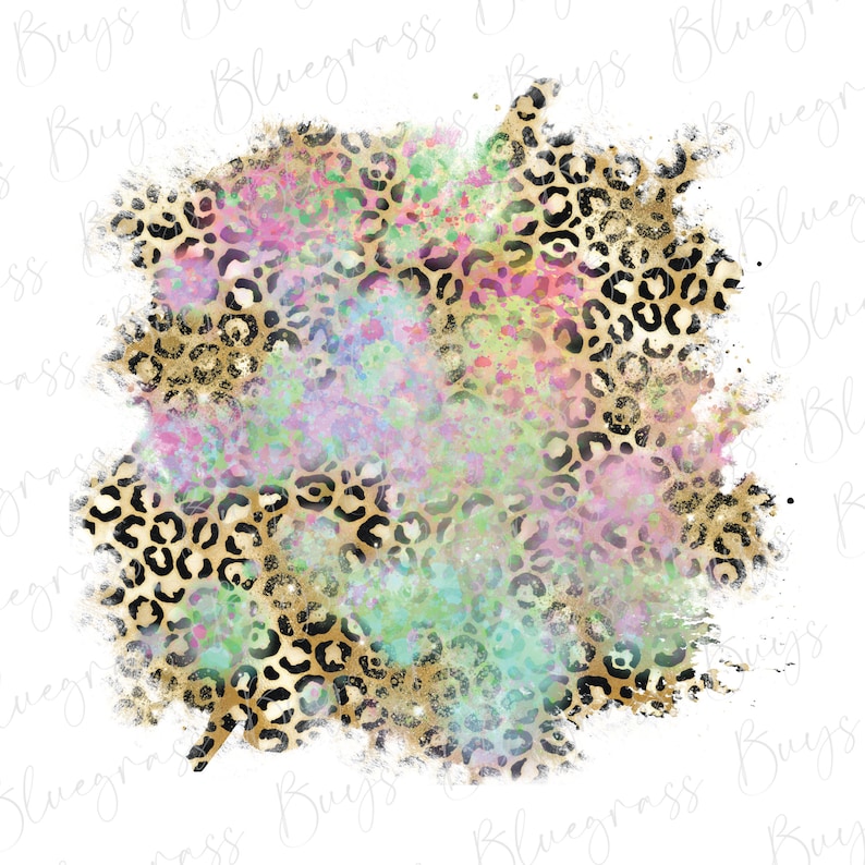 May include: Abstract digital art print featuring a leopard print pattern with a watercolor effect in shades of pink, green, blue, and gold.