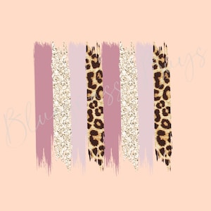 Puede incluir: Un diseño digital con siete rayas verticales en tonos de rosa, purpurina dorada y estampado de leopardo. Las rayas están pintadas con un efecto de pinceladas.