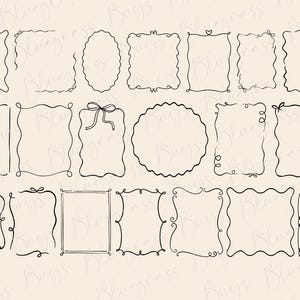 Könnte beinhalten: Eine Sammlung handgezeichneter schwarzer Rahmen in verschiedenen Formen und Stilen, darunter rechteckige, ovale und kreisförmige Designs. Einige Rahmen weisen dekorative Elemente wie Schleifen und Herzen auf, vor einem neutralen Hintergrund.