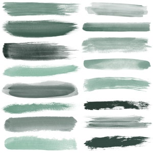 Puede incluir: Un conjunto de 15 pinceladas de acuarela en tonos verdes y negros. Las pinceladas son todas horizontales y var&iacute;an en longitud y ancho.