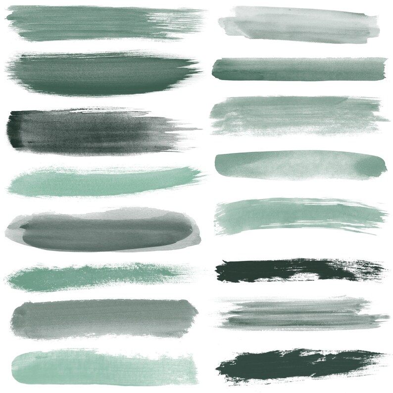 Puede incluir: Un conjunto de 15 pinceladas de acuarela en tonos verdes y negros. Las pinceladas son todas horizontales y var&iacute;an en longitud y ancho.