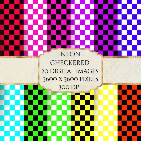 Neon Checkered Digital Paper, Neon Check Pattern, Printable Scrapbook Paper