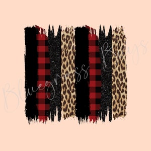 May include: Abstract design featuring vertical brushstrokes in black, red plaid, glitter, and leopard print patterns. The design has a distressed, textured appearance, with a light peach background. The image has the text "Bluegrass Babes" in a script font.