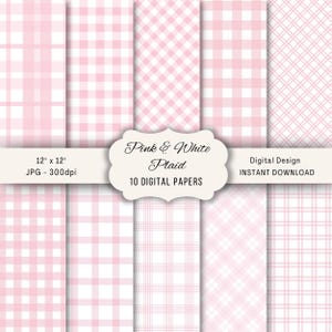 Op de afbeelding: Een verzameling van tien digitale papieren met roze en witte ruitpatronen, waaronder verschillende gingham- en rasterstijlen. De afbeelding bevat de tekst "Pink & White Plaid" en "12" x 12" JPG - 300dpi".