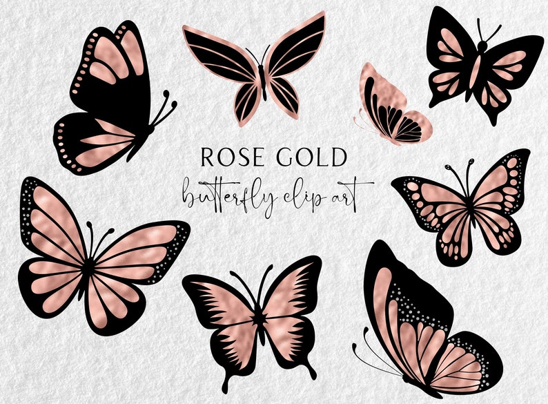 Puede incluir: Un conjunto de siete im&aacute;genes de clip art de mariposas de oro rosa. Las mariposas son negras con detalles en oro rosa. Las mariposas est&aacute;n en varias poses, algunas mirando hacia adelante y otras de lado.