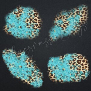 May include: Four turquoise and brown leopard print shapes on a black background.