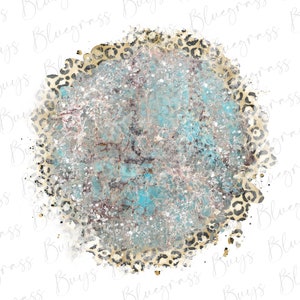 May include: Abstract digital art print featuring a blue and white marble design with a gold leopard print border. The design is circular and has a distressed, watercolor effect.