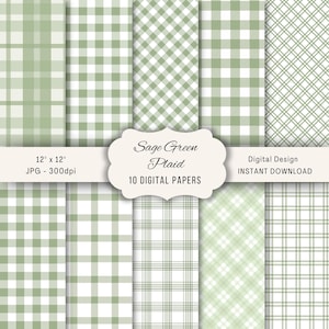 May include: A collection of ten digital papers featuring sage green plaid patterns. The designs include various grid and check styles, with the text "Sage Green Plaid" and "12" x 12" JPG - 300dpi" visible. The words "Digital Design" and "INSTANT DOWNLOAD" are also present.