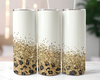 White Glitter Leopard Skinny Tumbler Wrap - 20oz Straight & Tapered Wrap Design - Tumbler PNG Sublimation