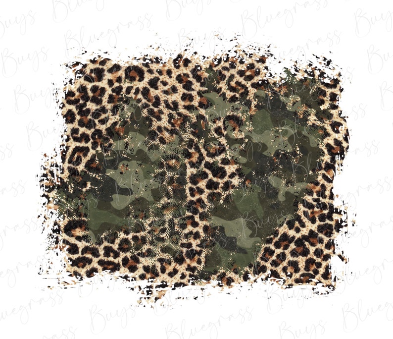 May include: A digital illustration of a distressed, abstract pattern featuring a combination of leopard print and camouflage in shades of brown, black, and green.