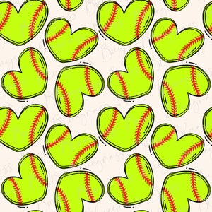 Softball Seamless Pattern, Softball Hearts Repeating Pattern, Sports Pattern
