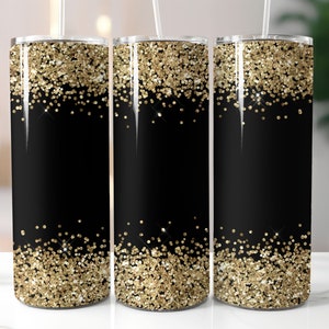 May include: Three black and gold glitter tumblers with lids and straws. The tumblers have a black base with a gold glitter design.