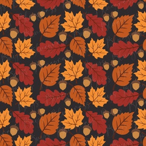 May include: A seamless pattern featuring autumn leaves in shades of red, orange, and yellow. The leaves are arranged in a repeating pattern on a dark background. There are also acorns scattered throughout the pattern.