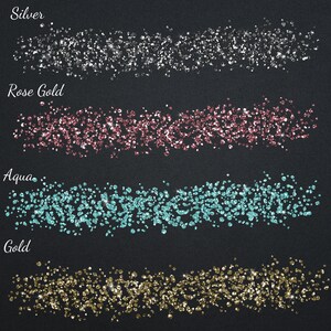 May include: Four rows of glitter on a black background. The glitter is in four colors: silver, rose gold, aqua, and gold.