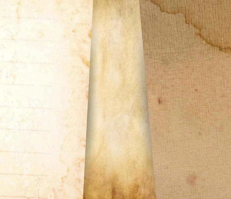 K&ouml;nnte beinhalten: Eine Collage aus gealterten Papierstrukturen in Beige- und Braunt&ouml;nen. Das Papier scheint verwittert zu sein, mit Flecken und Linien, was eine Vintage- oder Antik-&Auml;sthetik suggeriert. Die Komposition umfasst einen zentralen, vertikalen Streifen.