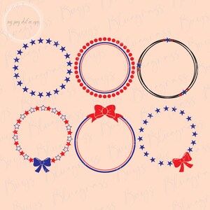 May include: Six different red, white, and blue circular frames with various designs, including stars, polka dots, and a bow. These frames are perfect for adding a patriotic touch to your crafts.