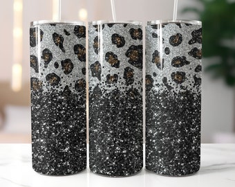 Schwarzer Glitzer Leopard Skinny Tumbler Wrap - 20 Unzen Straight & Tapered Wrap Design - Tumble PNG Sublimation