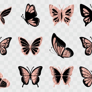 Puede incluir: Doce mariposas negras y doradas con intrincados patrones de alas. Las mariposas est&aacute;n dispuestas en una cuadr&iacute;cula sobre un fondo transparente.