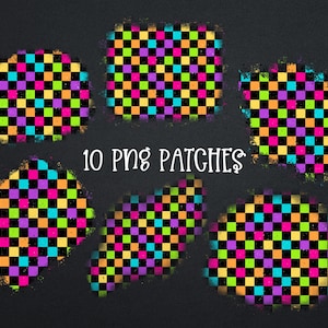 May include: A collection of ten PNG patches with a vibrant checkerboard pattern in neon colors: pink, purple, orange, yellow, green, and black. The patches have a distressed, grunge-style border. The text "10 PNG PATCHES" is in white.