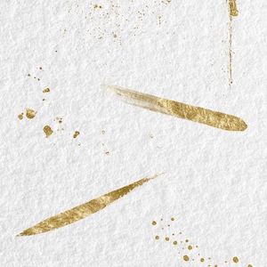 May include: A white background with gold paint splatters and brushstrokes. The paint is in various shapes and sizes, including dots, lines, and swirls.