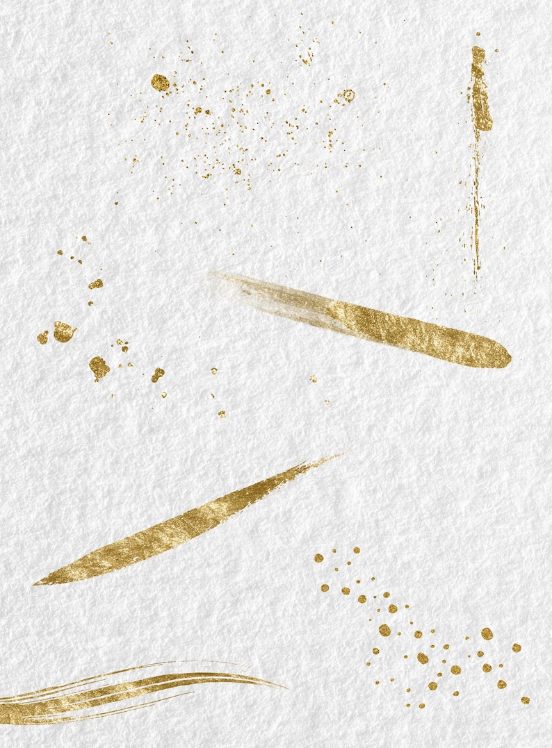 May include: A white background with gold paint splatters and brushstrokes. The paint is in various shapes and sizes, including dots, lines, and swirls.