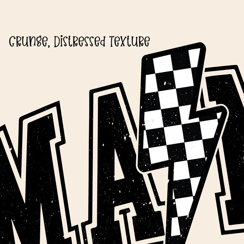 Puede incluir: Dise&ntilde;o gr&aacute;fico en blanco y negro con la palabra "MAN" en letras negritas y un rayo a cuadros. El dise&ntilde;o tiene una textura grunge y desgastada.