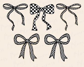 Checkered Bows Png, Black and White Checkered Bow Coquette PNG, Preppy Bow Clip Art