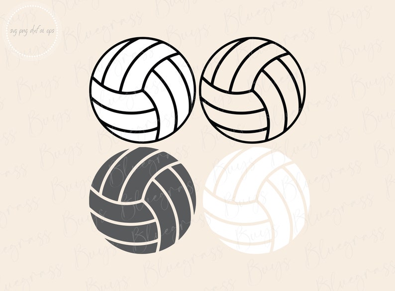 Puede incluir: Cuatro ilustraciones de voleibol en blanco y negro. Dos son contornos negros con interiores blancos y dos son contornos blancos con interiores negros.