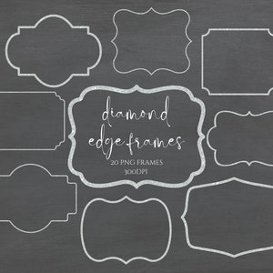 Puede incluir: Un conjunto de 20 marcos blancos en forma de diamante sobre un fondo negro. Los marcos est&aacute;n delineados en blanco y tienen una textura brillante. El texto "diamond edge frames" est&aacute; escrito en cursiva blanca con las palabras "20 PNG FRAMES 300DPI" debajo.