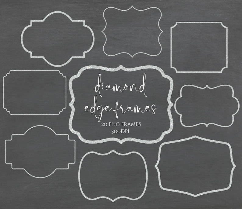 Puede incluir: Un conjunto de 20 marcos blancos en forma de diamante sobre un fondo negro. Los marcos est&aacute;n delineados en blanco y tienen una textura brillante. El texto "diamond edge frames" est&aacute; escrito en cursiva blanca con las palabras "20 PNG FRAMES 300DPI" debajo.