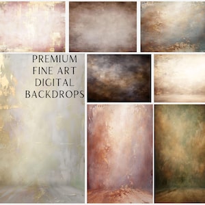 Puede incluir: Una colección de fondos digitales con efectos texturizados y pictóricos. Los fondos presentan una variedad de colores, incluyendo rosas apagados, marrones y verdes, con una estética artística y envejecida. Se muestra el texto "PREMIUM FINE ART DIGITAL BACKDROPS".