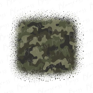 May include: A digital graphic featuring a green and brown camouflage pattern with a speckled border.