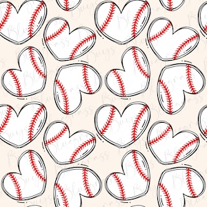 Baseball Seamless Pattern, Baseball Hearts Repeating Pattern, Sports Pattern