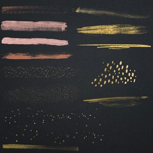 May include: A collection of gold and pink glitter, brushstrokes, and stars on a black background. These digital elements can be used for scrapbooking, card making, and other craft projects.