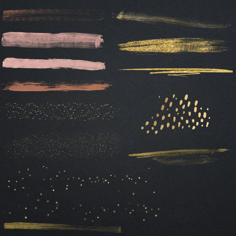 May include: A collection of gold and pink glitter, brushstrokes, and stars on a black background. These digital elements can be used for scrapbooking, card making, and other craft projects.
