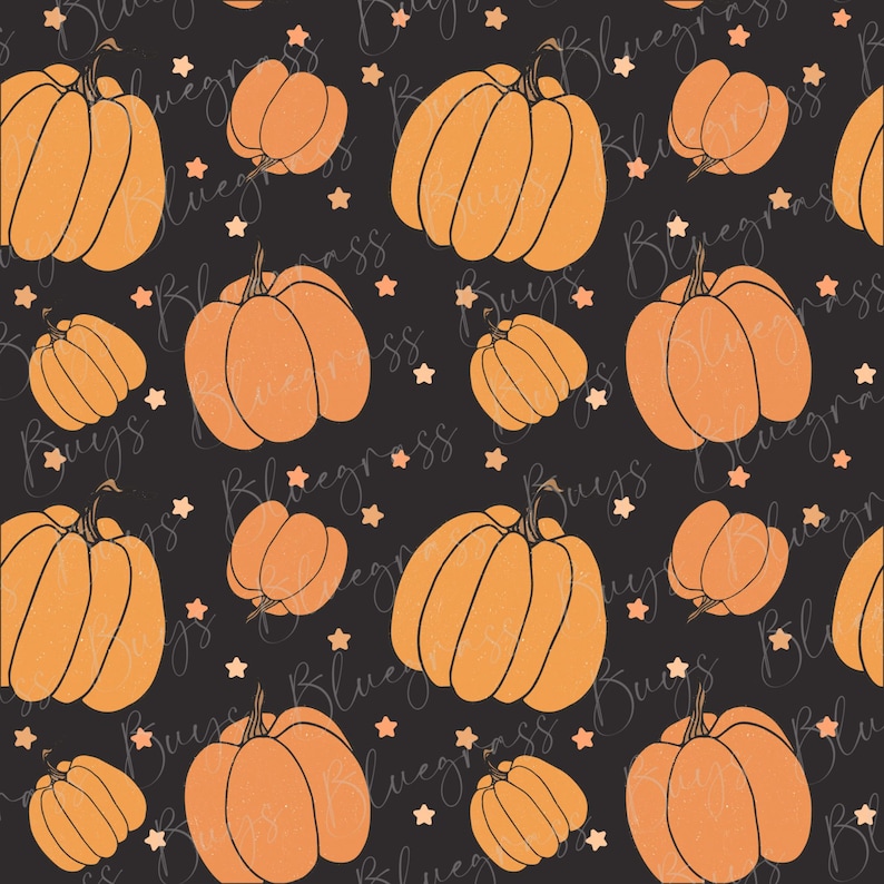 May include: A seamless pattern featuring orange pumpkins on a black background with small white stars. The pumpkins are drawn in a simple, cartoon style.