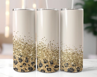 Beige Glitter Leopard Skinny Tumbler Wrap - 20oz Straight & Tapered Wrap Design - Tumbler PNG Sublimation