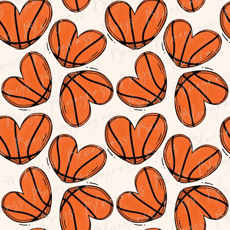 May include: A seamless pattern featuring orange heart-shaped basketballs with black stitching on a white background.